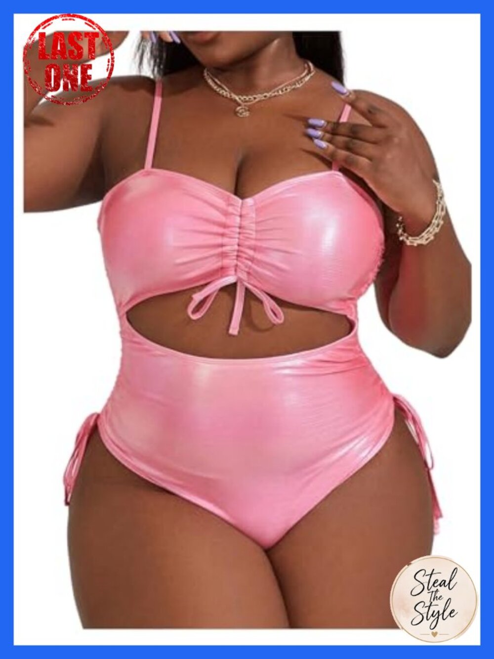 Women's Plus Size Metallic One Piece Swimsuit Cut Out Drawstring Monokini